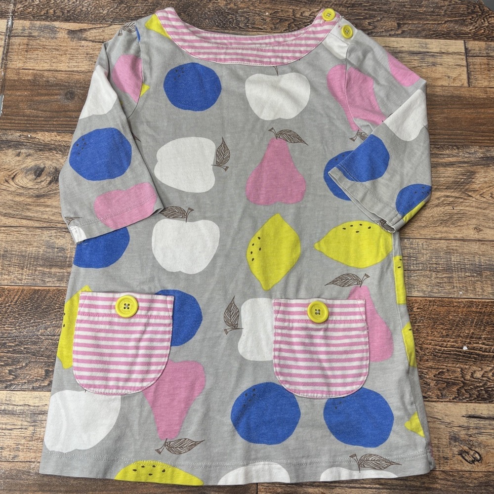 Mini Boden 3/4 Sleeve‎ Stripe Pocket Tunic Dress Girls 6-7Y Apples Pears Cotton